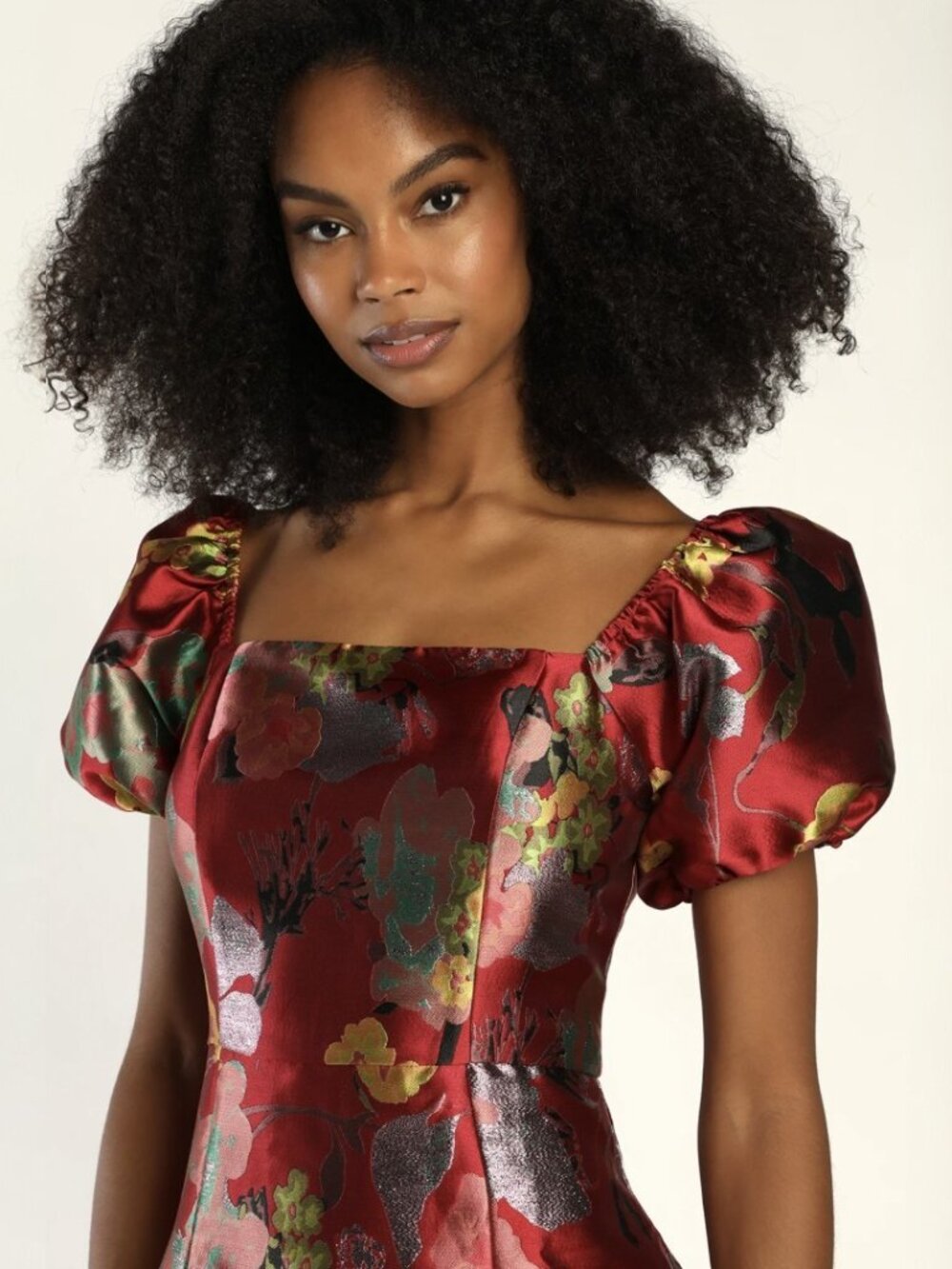 NWT Lulus So Stunning Red Multi Floral Jacquard Puff Sleeve Mini Dress (size XS) - Picture 3 of 8